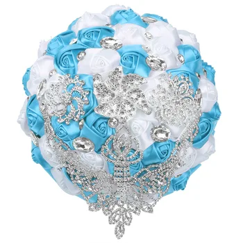 Lüks Göl Mavi Beyaz Gelin ve Nedime düğün buketi Dekorasyon Saten Gül Romantik Aksesuarları Gelin El Çiçek