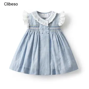 2023 Çocuk İspanyol Elbise Kız El Yapımı Önlük Mavi Elbise Fırfır Yaka Kollu Bebek Önlüklü Nakış Elbiseler