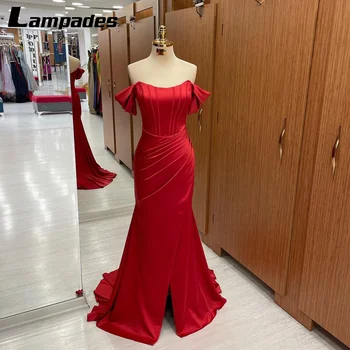Zarif Mat Saten Resmi Elbise Kırmızı Açık Kemikli ve Kapalı Omuz Yaka Abiye Abiye Modelleri
