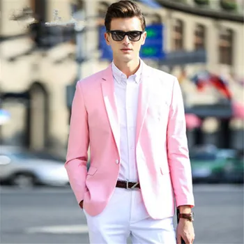 Pembe Ceket Beyaz Pantolon Erkek Takım Elbise Düğün 2 Adet Ceket + Pantolon + Kravat Custom Made Damat Smokin Moda Çentik Yaka Blazer Adam İçin
