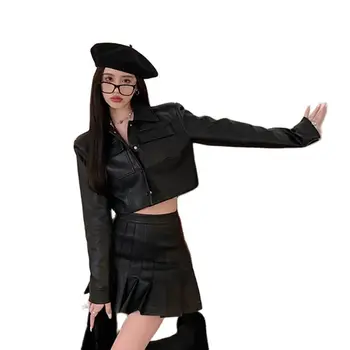 Bahar kadın siyah deri kısa Motor ceket serin tarzı ceket