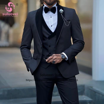 Moda Damat Düğün Takımları Erkekler İçin Slim Fit 3 Parça Ceket Yelek pantolon seti Erkek İş Blazer Resmi Parti Şal Yaka Smokin
