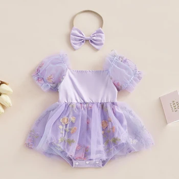 Citgeett Yaz Bebek Bebek Kız Rahat Bodysuit Kısa Kollu Çiçek Örgü Patchwork Tulum Kafa Bandı Elbise