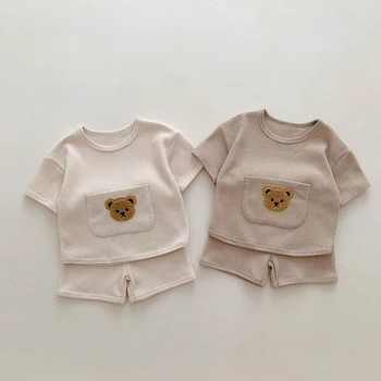 2023 Yaz Bebek Giyim Seti Waffle Ayı Te ve Şort 2 Adet Takım Elbise Bebek Kız Giyim Seti