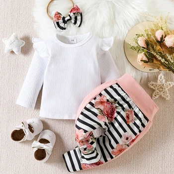 3M-24M Bebek Kız Beyaz Pamuk Çukur Şerit Üst ile Eşleştirilmiş Pembe Baskılı Pantolon İki parçalı Takım Elbise Sonbahar ve Kış için