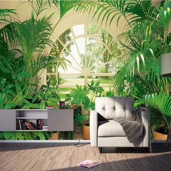 Herhangi Bir Boyut özelleştirmek 3D Duvar Kağıdı Oturma Odası Kanepe Duvar Yüzeyi Modern İskandinav Yeşil Bitki Pencere Pastoral Arka Plan Duvar Tapety