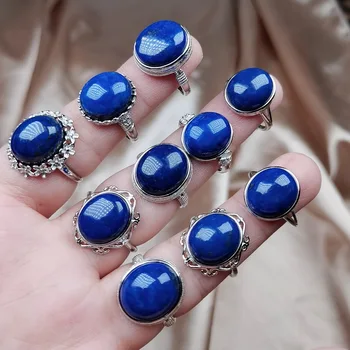 1 adet Kristal Yüzük Kadınlar için Doğal Taş Yüzük Gümüş Renk Oval Rahat Parmak Yüzük Mavi Lapis Kuvars Parti Yüzükler Takı Reiki