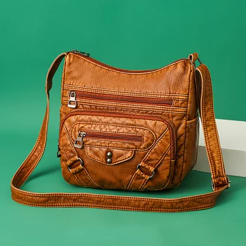 Tasarımcı Kadın omuzdan askili çanta PU deri çapraz askılı çanta Vintage Perçin askılı çanta Kahverengi Bayan Çanta Çok cepler Kadın Çantası