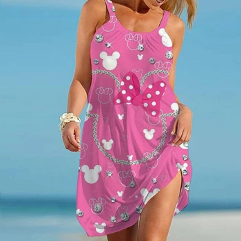 Disney Minnie Mickey Mouse kız elbisesi Vintage Kadın Plaj Etekler Sling Midi Kolsuz Elbise Boho Marka Streetwear gece elbisesi