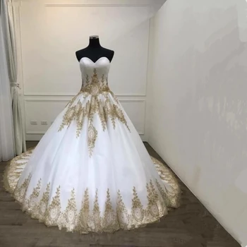ANGELSBRIDEP Sevgiliye Balo Gelinlik Vestido De Noiva Benzersiz Altın Aplike Mahkemesi Tren Örgün Gelin Elbise Artı Boyutu