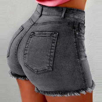 Kadın Kot Şort Elastik Yüksek Bel Kot Şort Y2k Streetwear Yaz Giyim Saçak Yıpranmış Yırtık Sıcak Şort Cepler ile