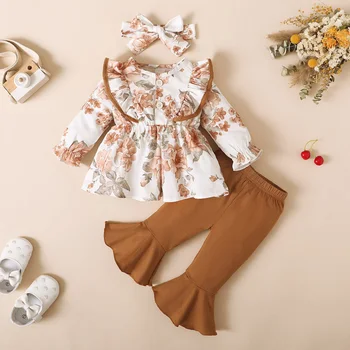 Zarif Yenidoğan Bebek Giysileri Setleri Bebek Kız Pamuk Sonbahar Uzun Kollu Çiçek Üstleri Pantolon Fırfır Çan Alt Yay Heabands Seti