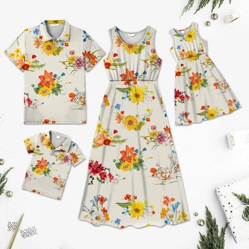 Yaz Yeni Aile Eşleştirme Kıyafetler Çiçek Baskı Ekleme Elbiseler Ve Kısa kollu Colorblock Düğme Gömlek Seti Çift Kıyafet